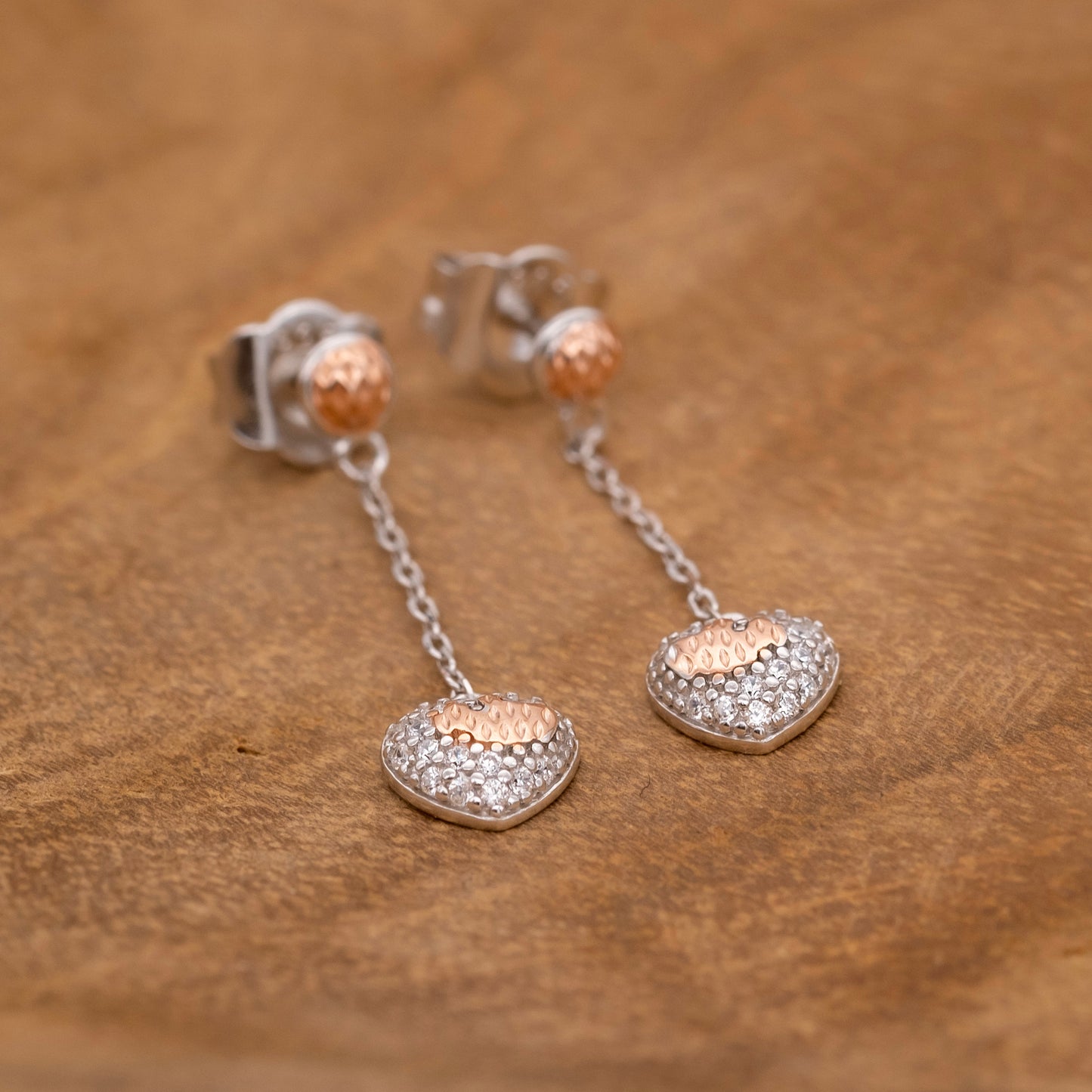 Ohrhänger 925er Silber Herz Bicolor Roségold mit Zirkonia