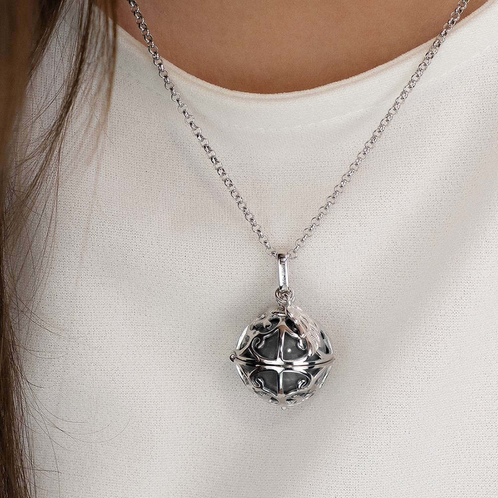 Anhänger 925er Silber Engelsrufer Flügel mit Klangkugel Perlmutt Grau