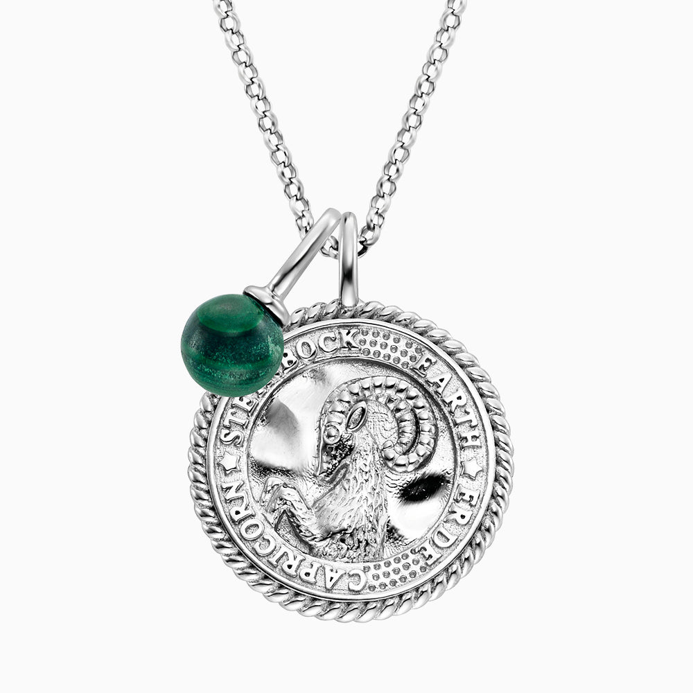 Halskette 925er Silber Steinbock mit Kraftstein Malachit und Zirkonia