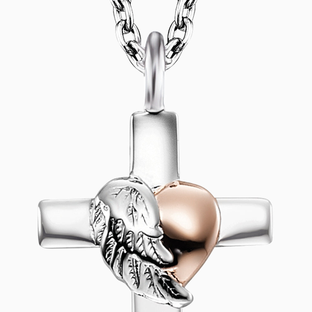 Halskette 925er Silber Kreuz Herzflügel Bicolor