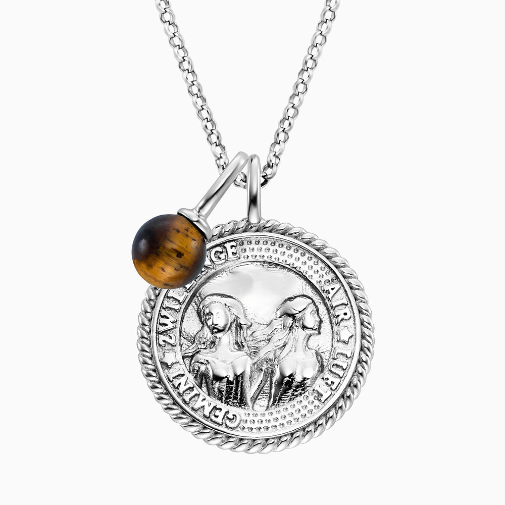 Halskette 925er Silber Zwillinge mit Kraftstein Tigerauge und Zirkonia