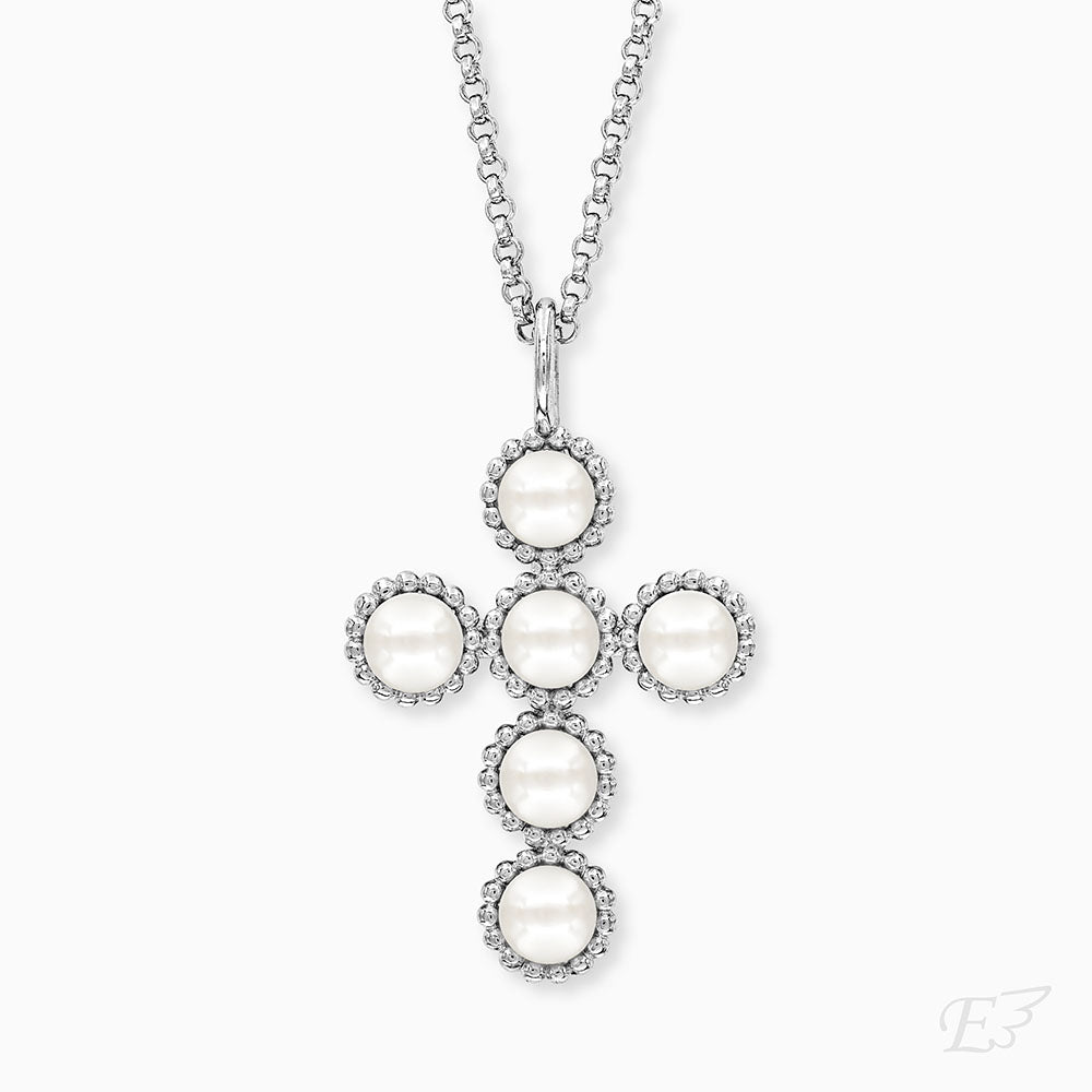 Halskette 925er Silber Glory Kreuz mit Muschelkernperlen