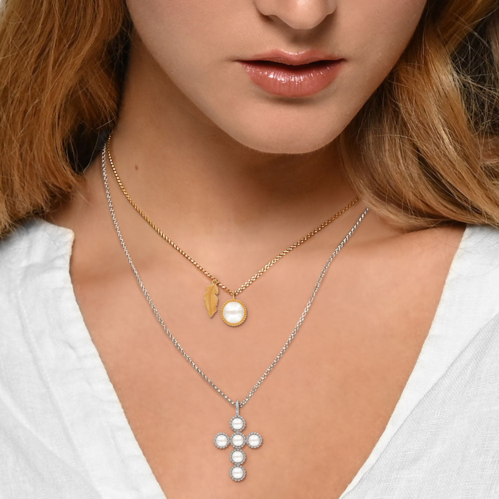 Halskette 925er Silber Glory Kreuz mit Muschelkernperlen