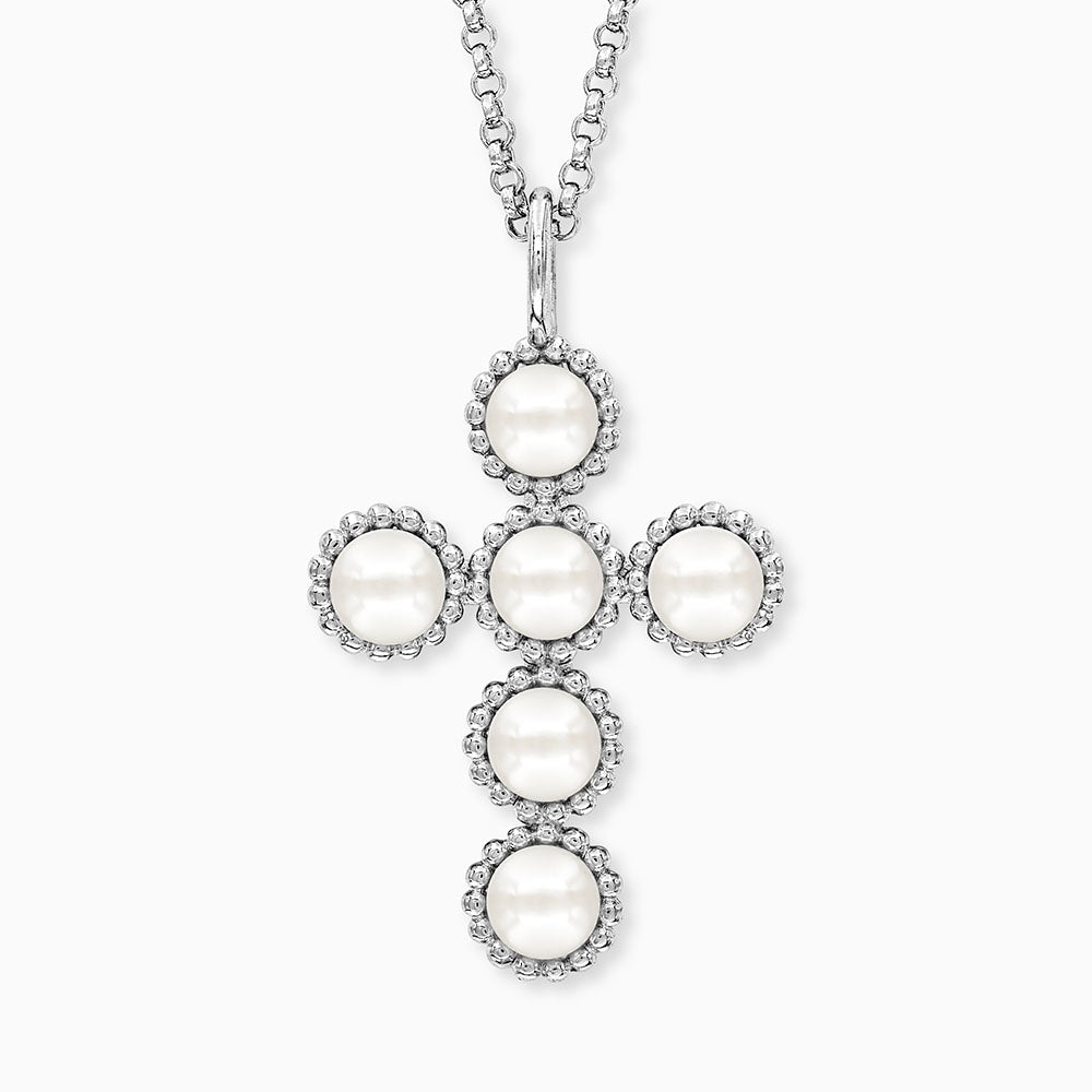 Halskette 925er Silber Glory Kreuz mit Muschelkernperlen