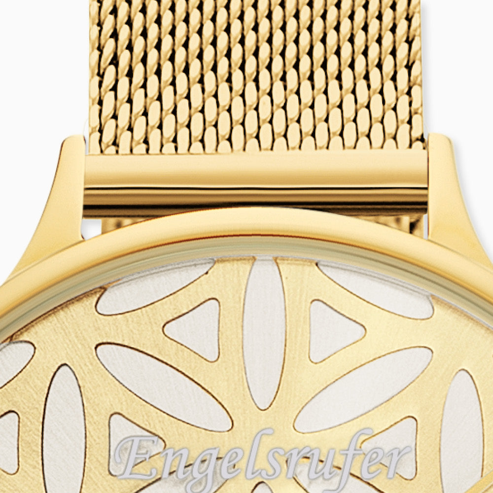 Uhr Edelstahl Lebensblume mit Edelstahl Mesh-Band Gold