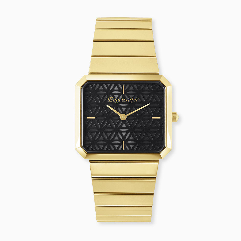 Uhr Edelstahl Lebensblume Schwarz mit Edelstahl Armband Gold