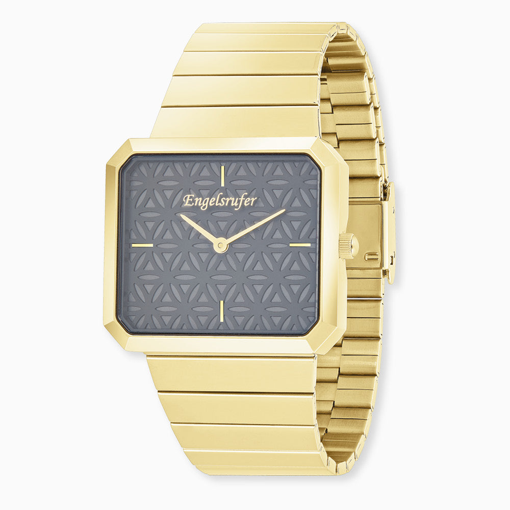 Uhr Edelstahl Lebensblume Schwarz mit Edelstahl Armband Gold