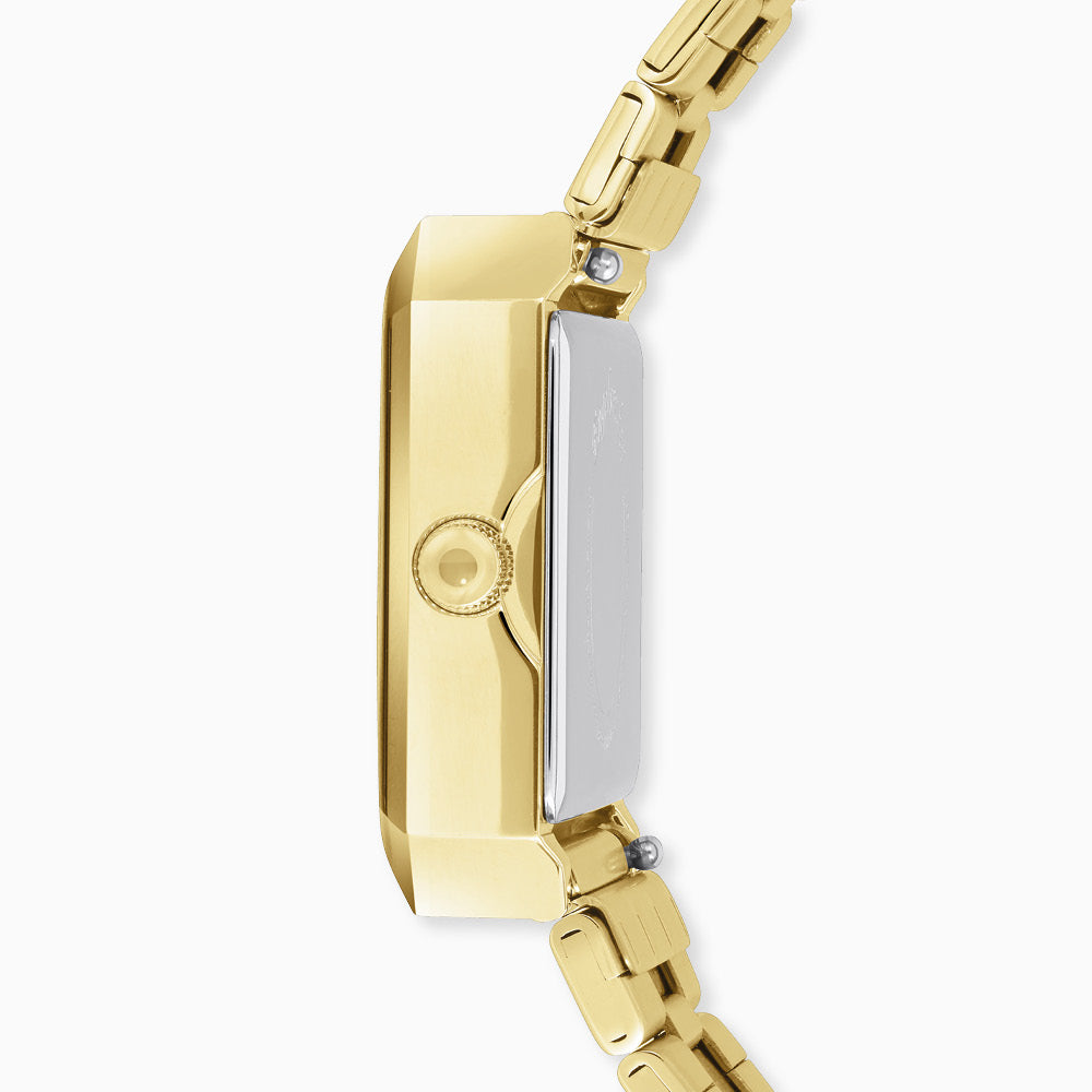 Uhr Edelstahl Lebensblume Schwarz mit Edelstahl Armband Gold