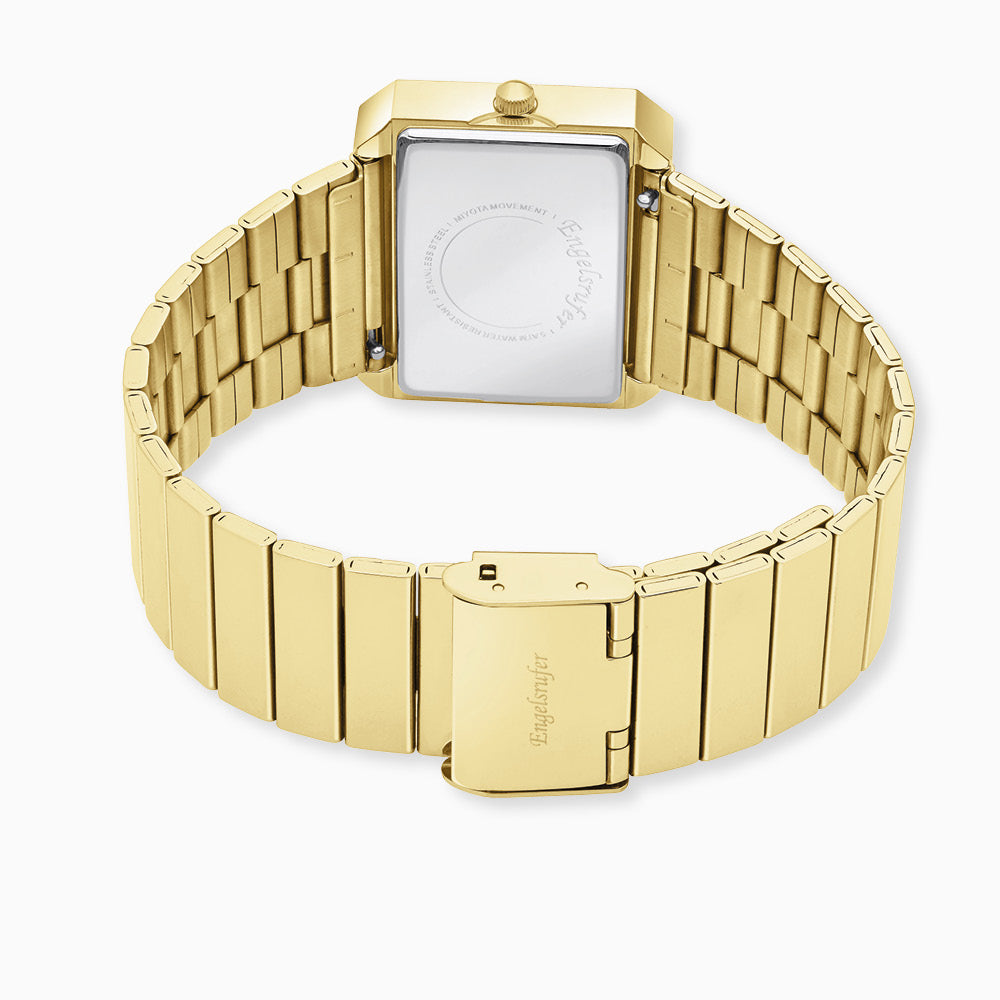 Uhr Edelstahl Lebensblume Schwarz mit Edelstahl Armband Gold