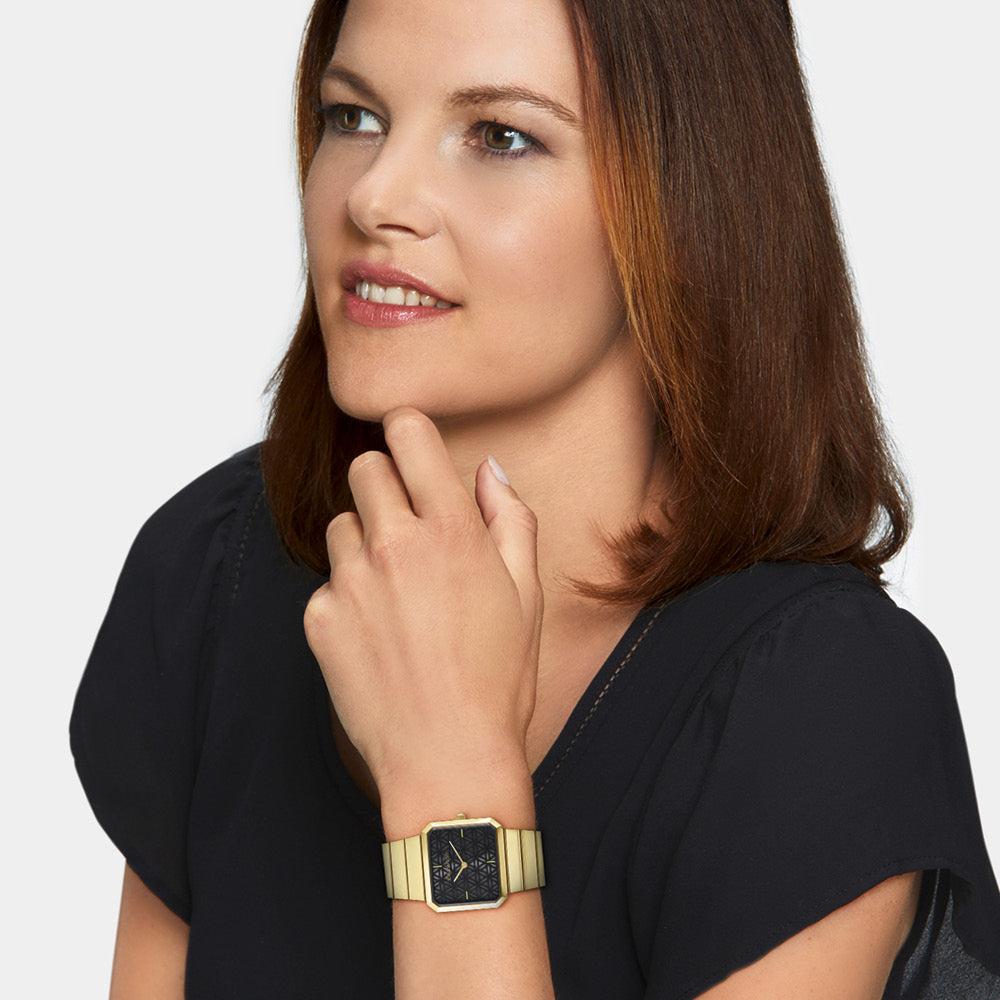 Uhr Edelstahl Lebensblume Schwarz mit Edelstahl Armband Gold