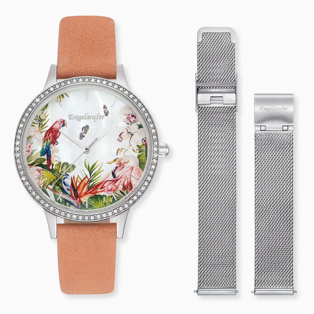 Set Uhr Edelstahl Paradise mit Zirkonia Nubuk Lederband Koralle & Edelstahl Mesh-Band