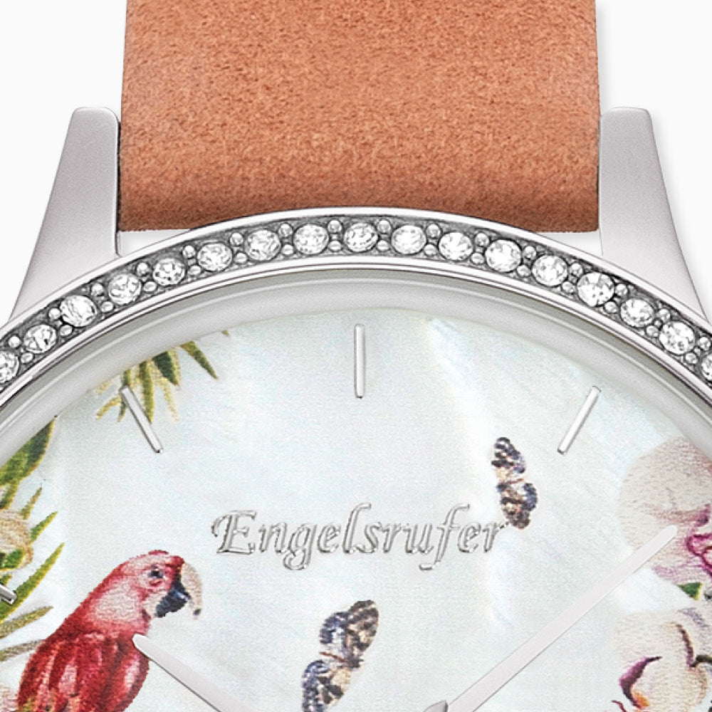 Set Uhr Edelstahl Paradise mit Zirkonia Nubuk Lederband Koralle & Edelstahl Mesh-Band