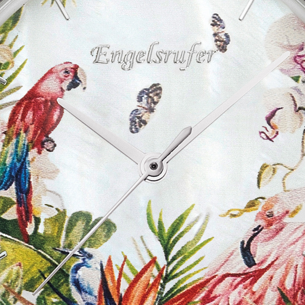 Set Uhr Edelstahl Paradise mit Zirkonia Nubuk Lederband Koralle & Edelstahl Mesh-Band