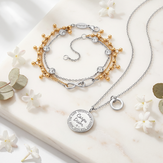 Momente für immer - 2er Duo Set Armband Edelstahl BOHO Infinity Bicolor & Halskette Edelstahl Silber Carpe Diem Grußkarte