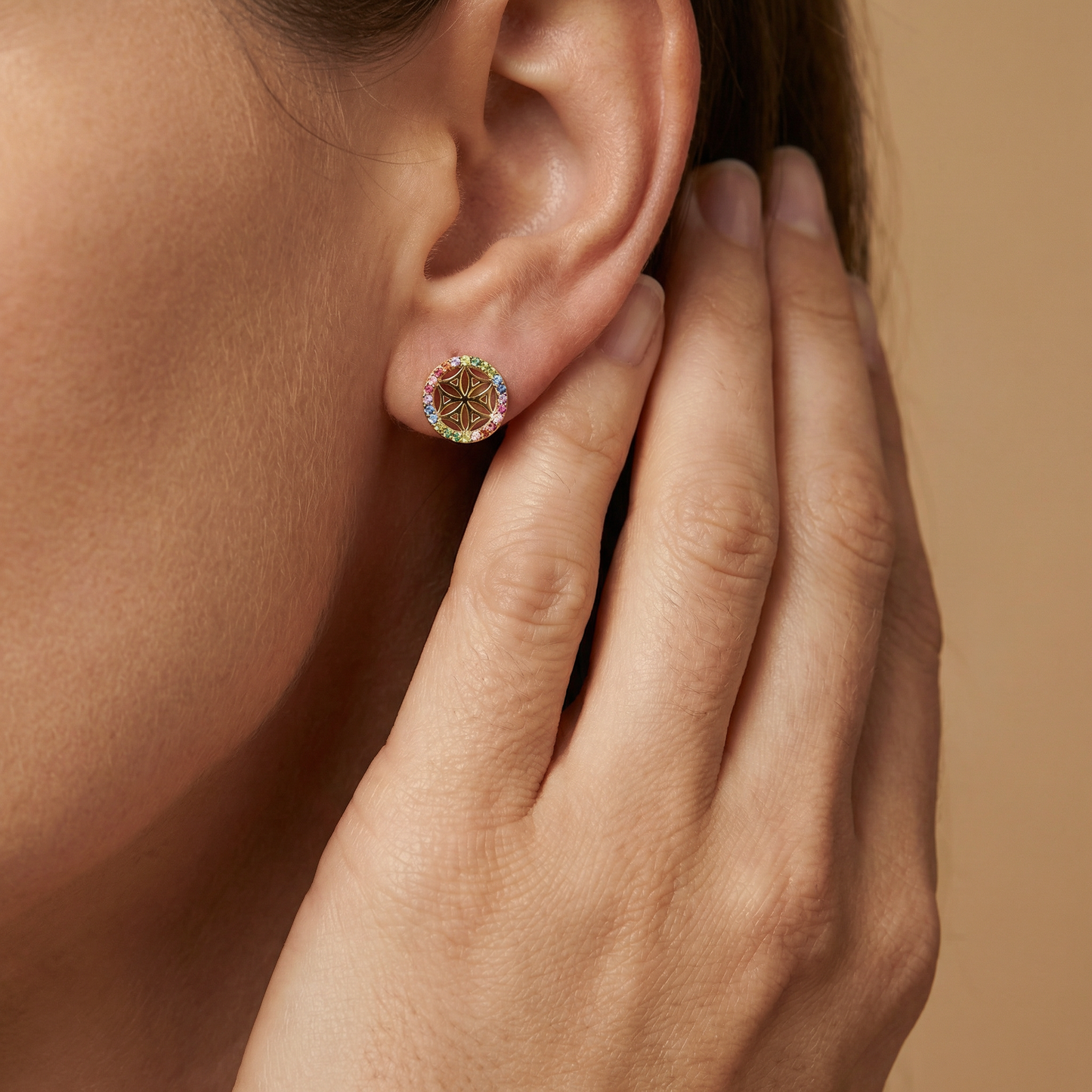 Ohrstecker 925er Silber Lebensblume Gold mit Zirkonia Multicolor