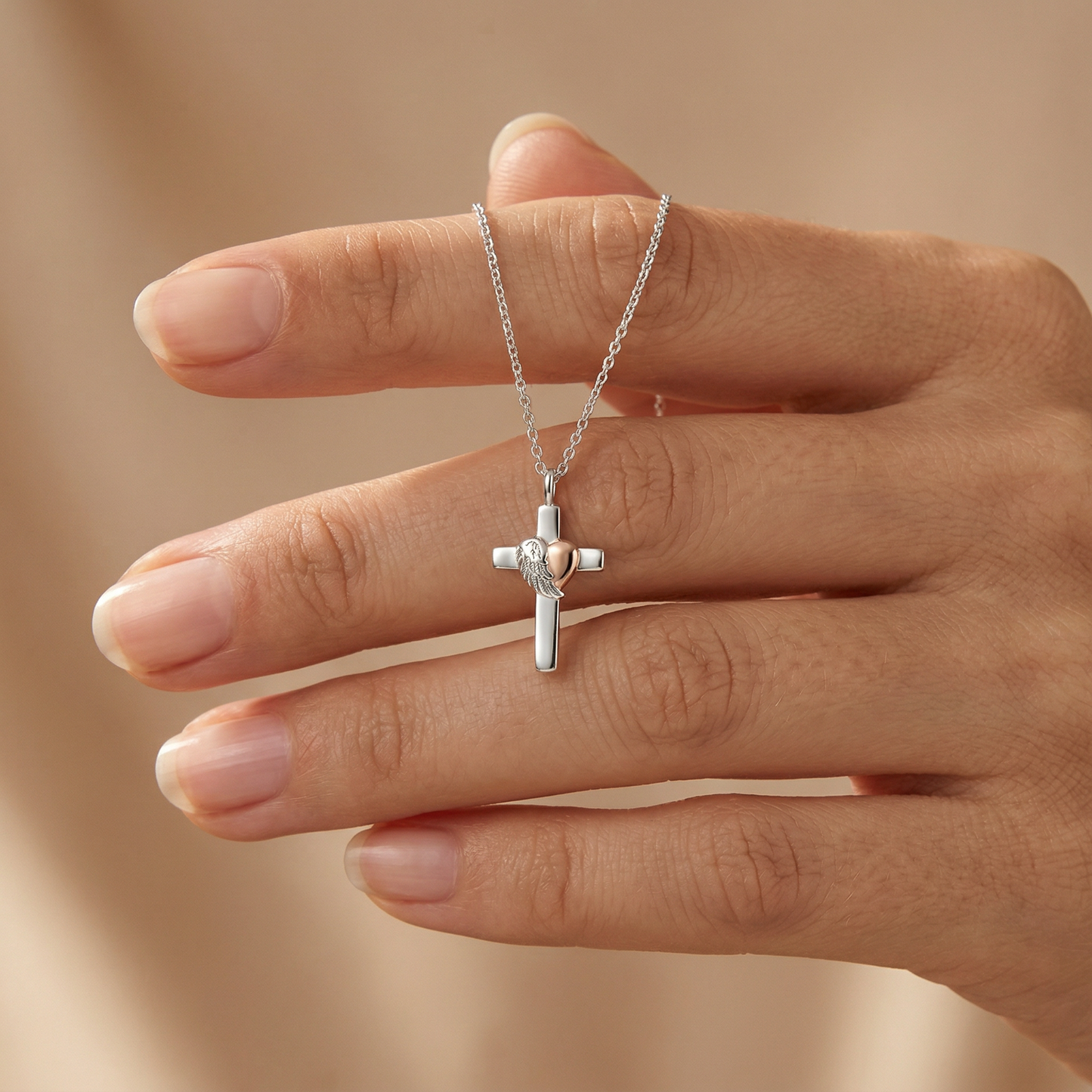 Halskette 925er Silber Kreuz Herzflügel Bicolor