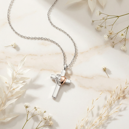 Halskette 925er Silber Kreuz Herzflügel Bicolor