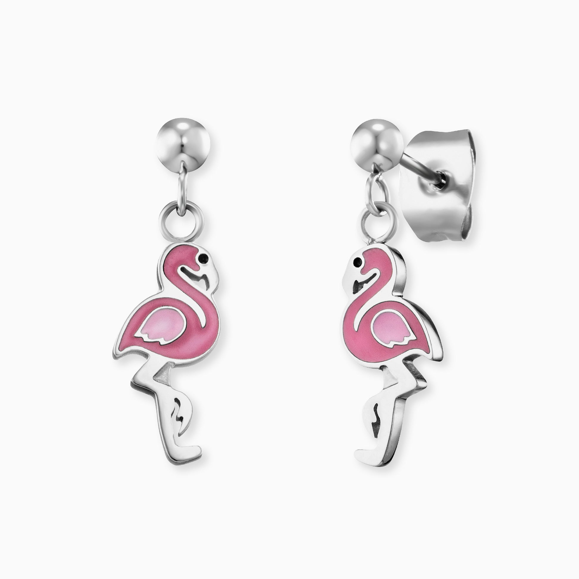 Herzengel Flamingo Edelstahl IP Rhodium mit Emaille Ohrstecker