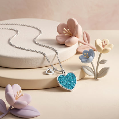 Kinder Halskette Edelstahl Glitzerherz mit Emaille in blau