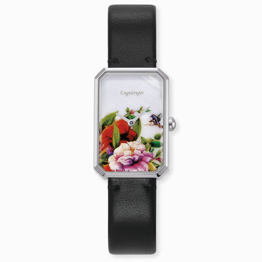 Engelsrufer analog Damen Uhr Blume silber mit Lederband schwarz