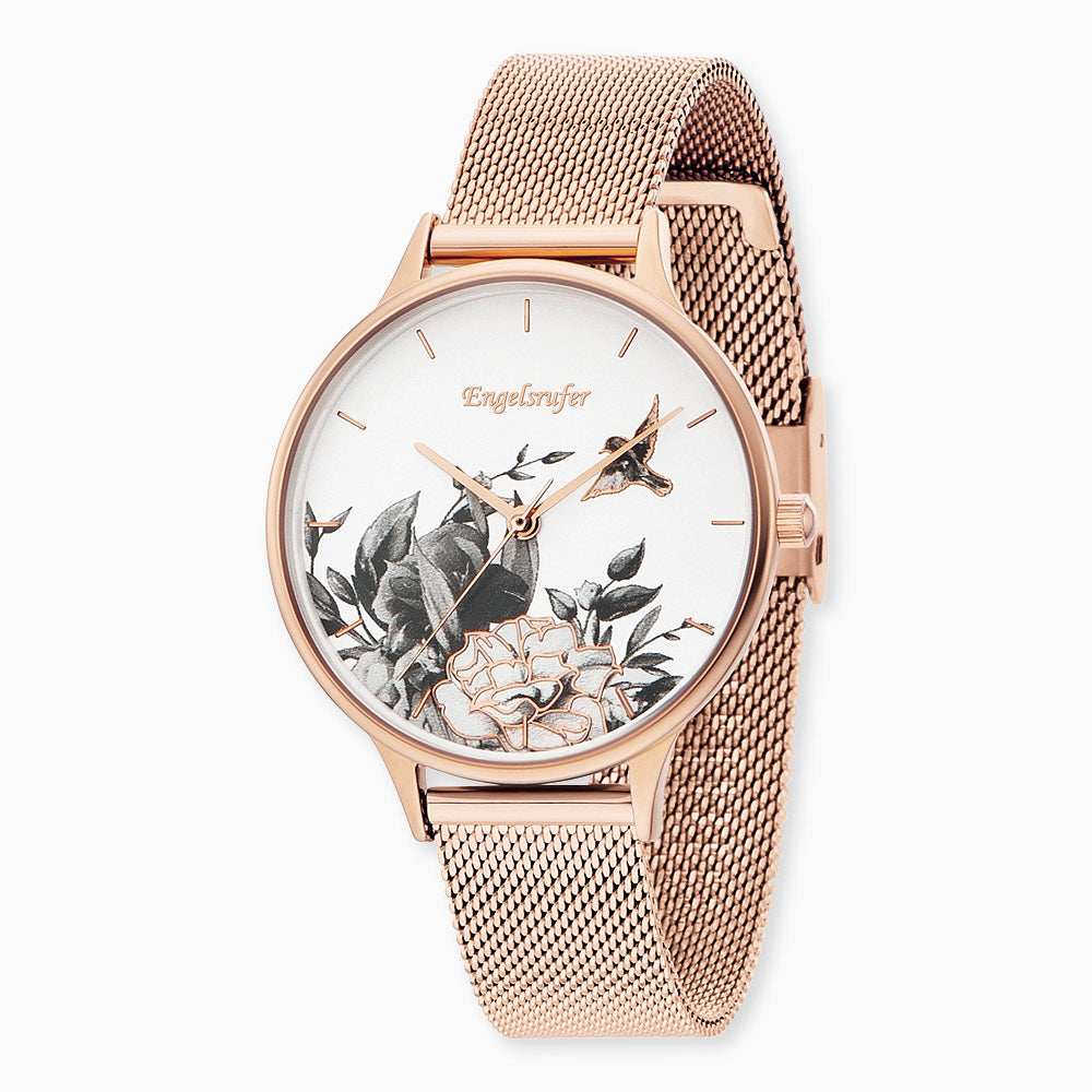 Engelsrufer wristwatch flower in the dial with interchangeable mesh stainless steel bracelet rose