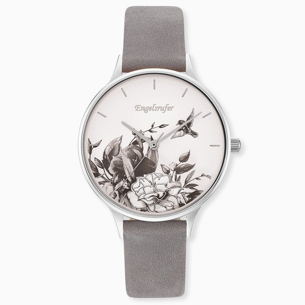 Engelsrufer women's watch analogue flower silver with gray nubuck leather strap