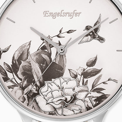 Engelsrufer women's watch analogue flower silver with gray nubuck leather strap