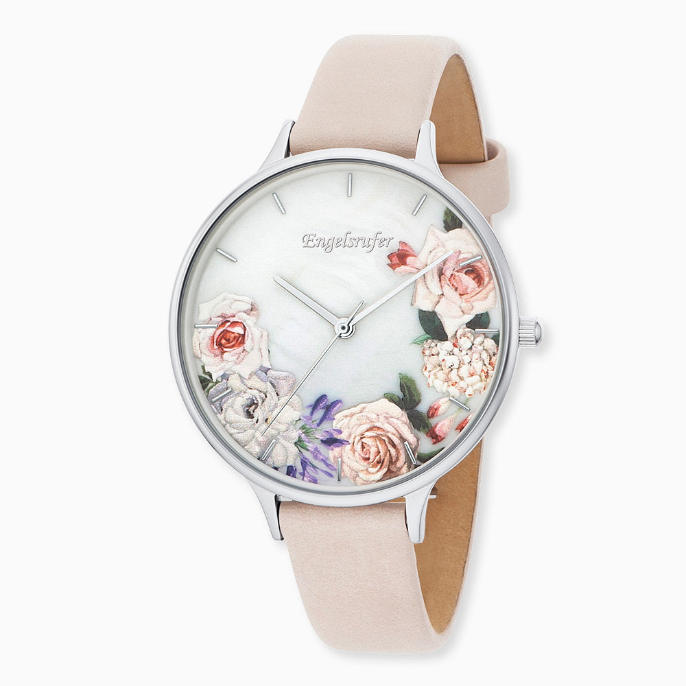 Engelsrufer women's watch analogue flower silver with leather strap in beige