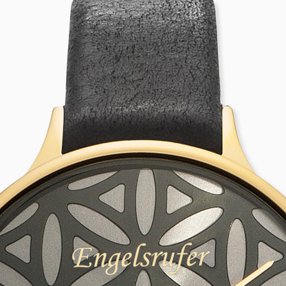 Engelsrufer Damen Uhr analog Lebensblume gold mit Lederarmband schwarz