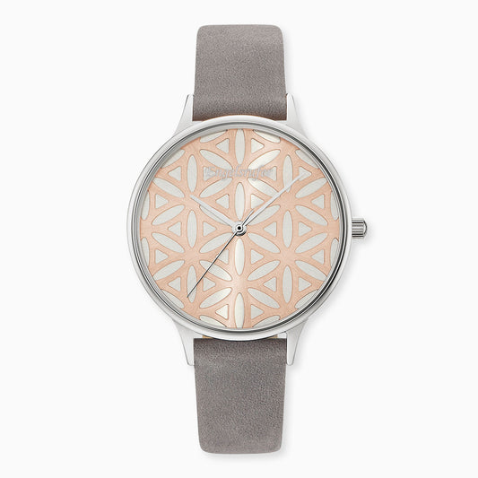 Engelsrufer women's watch silver flower of life with gray nubuck leather strap