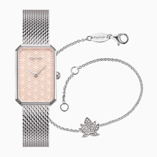 Set Uhr Lebensblume mit Meshband silber und Schmuck Armband