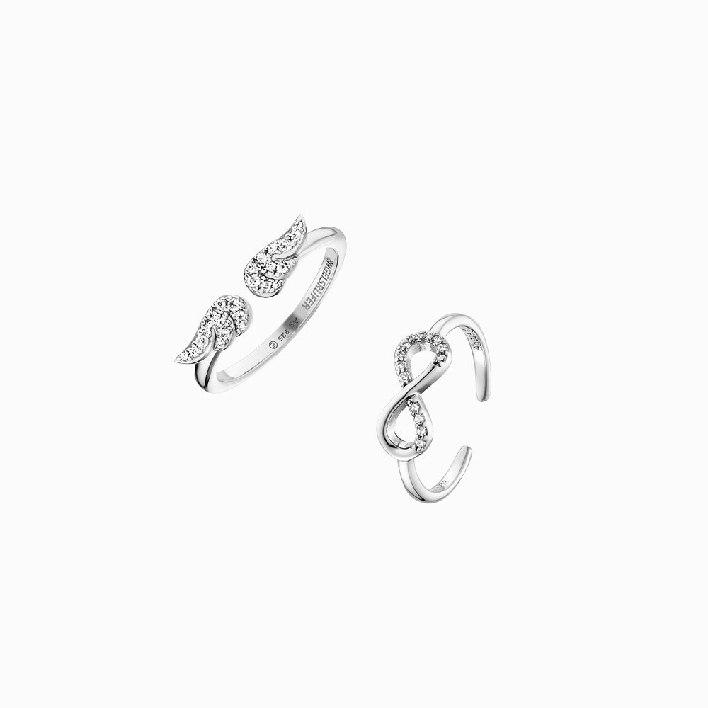 Engelsrufer Ringe für Damen: Silber mit Infinity-Symbol und Zirkoniasteinen sowie offener Ring mit Flügeln aus Zirkonia