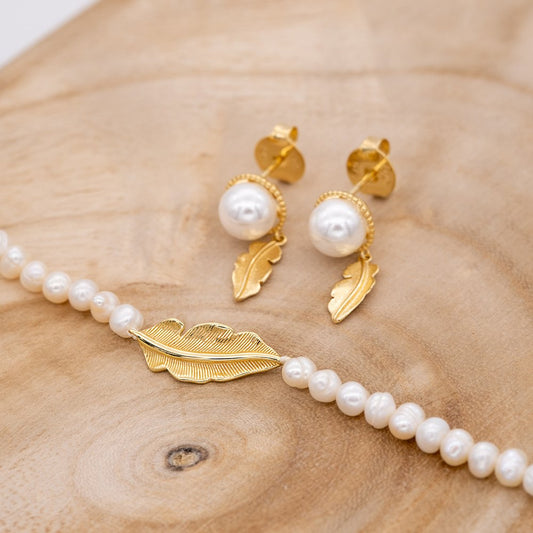 2er Set Silberschmuck mit Feder und Perlen in Gold